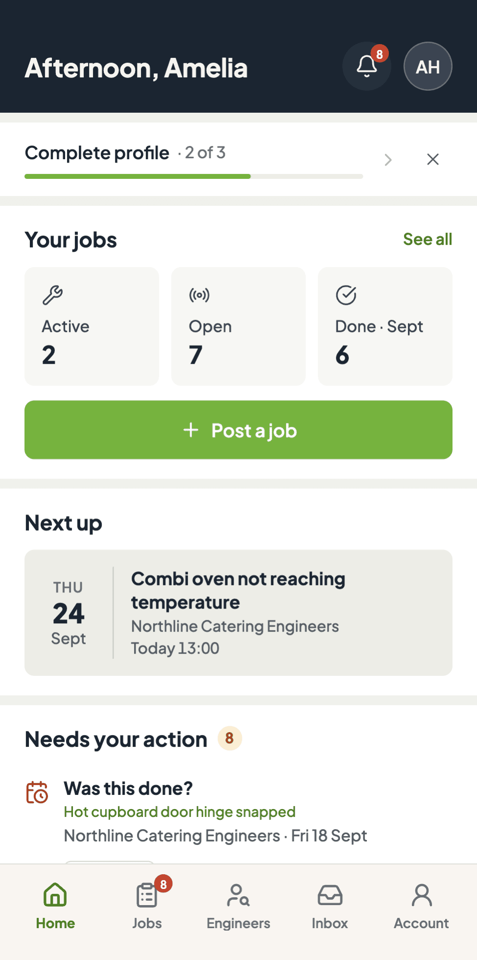 Coriva kitchen home screen showing live repair jobs