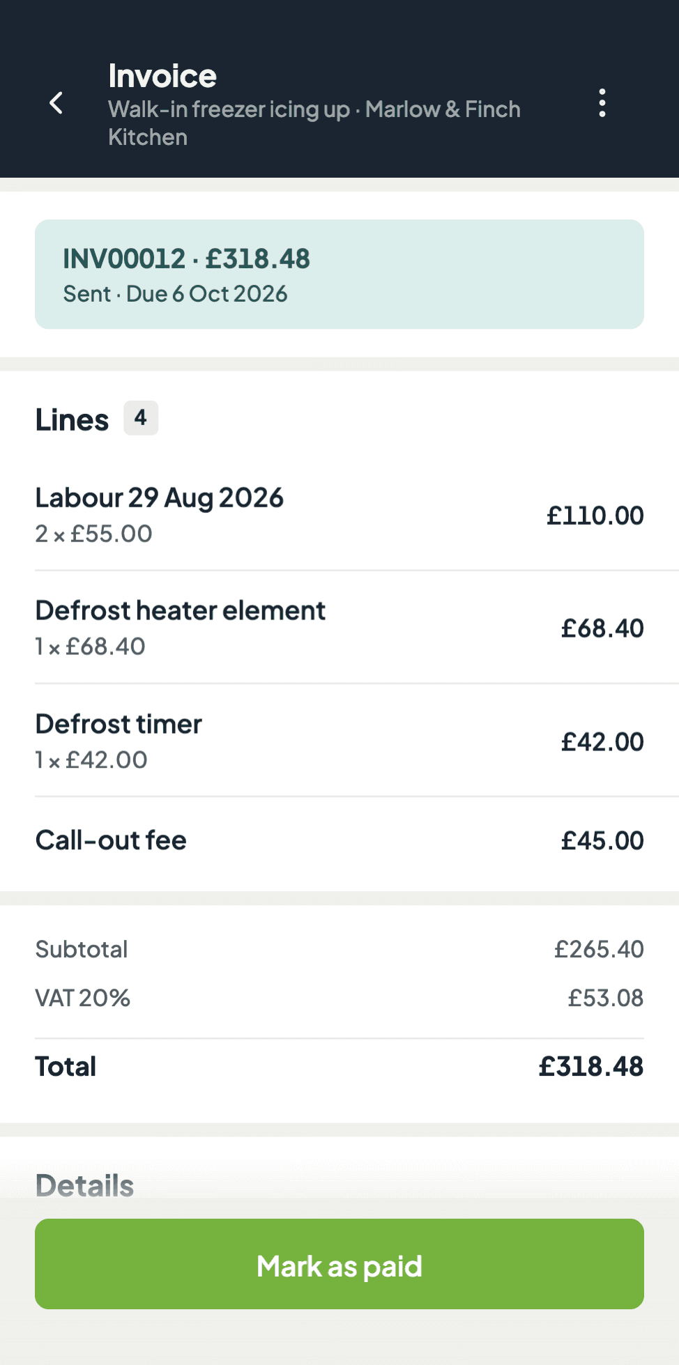 Coriva invoice screen with totals and payment status