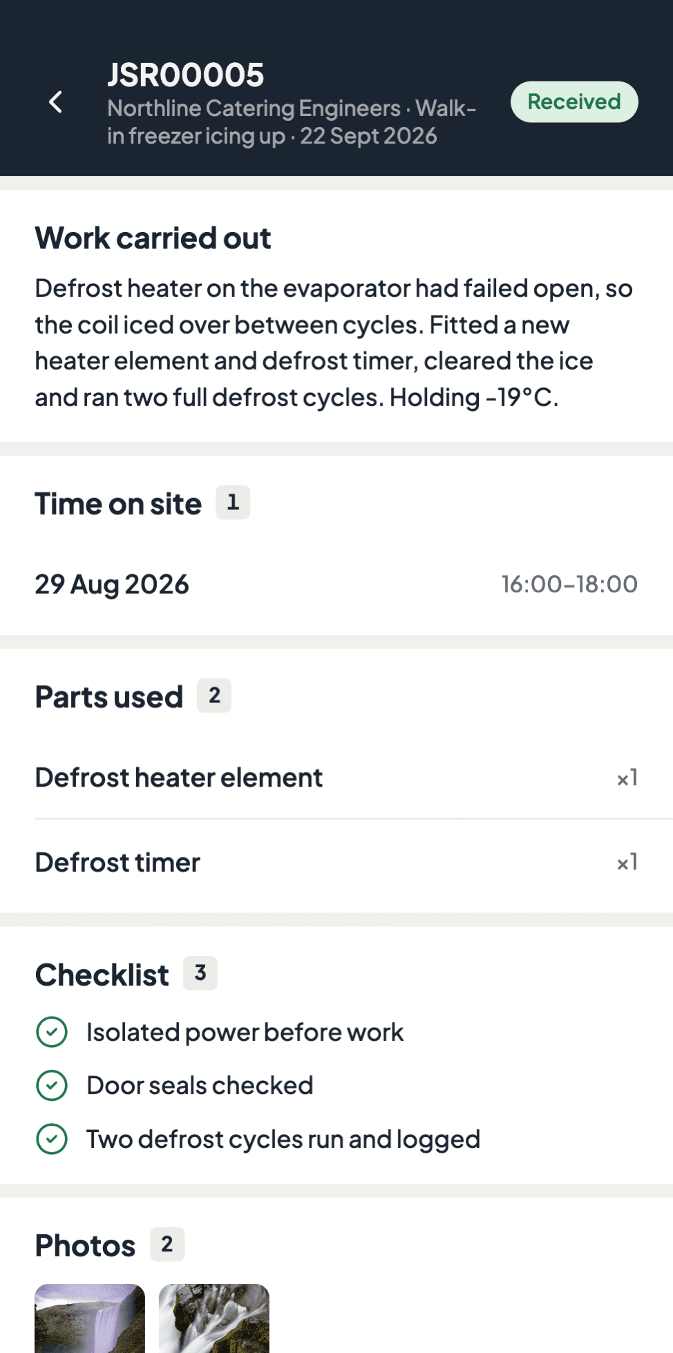 Coriva digital job sheet with labour, parts and photos
