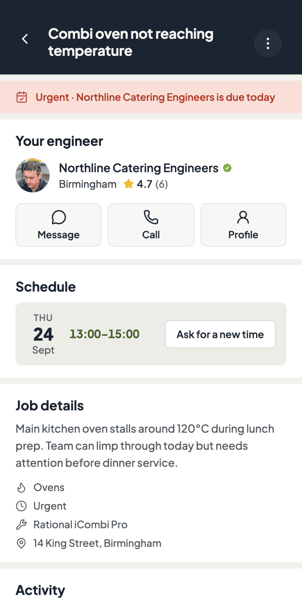 Coriva job tracking screen with progress timeline and engineer details