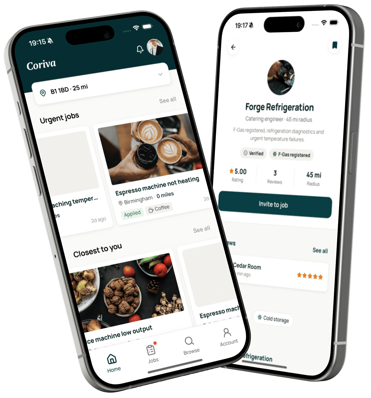 Coriva app showing urgent jobs and engineer profiles