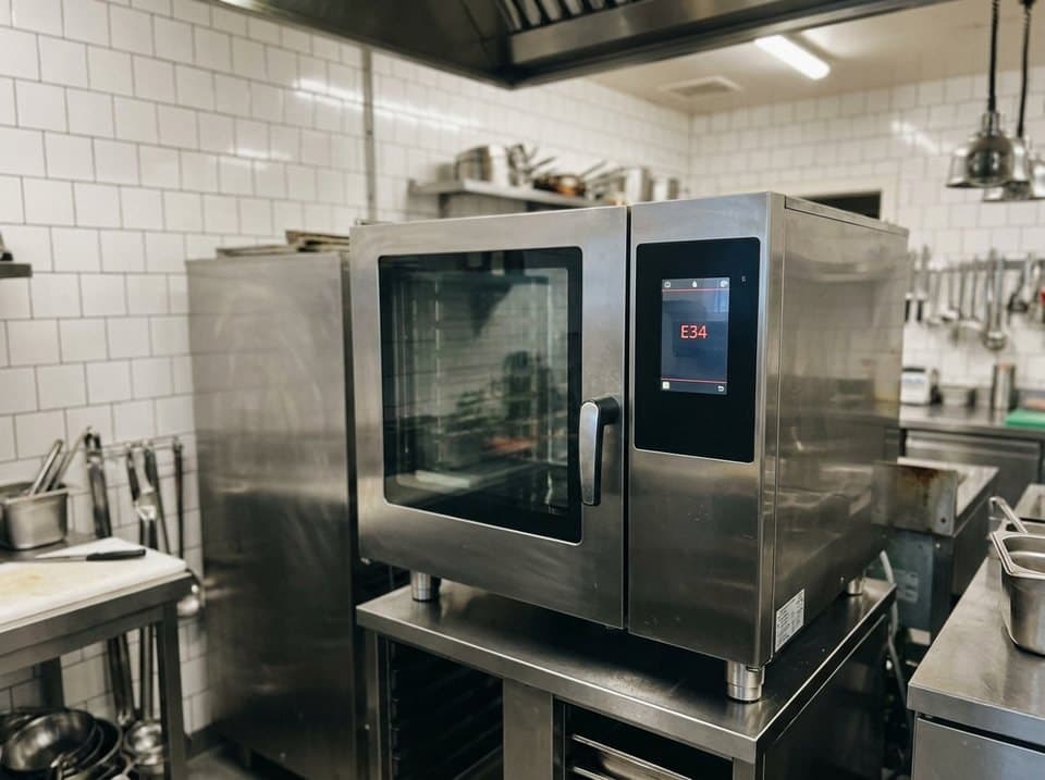 A commercial combi oven in a restaurant kitchen
