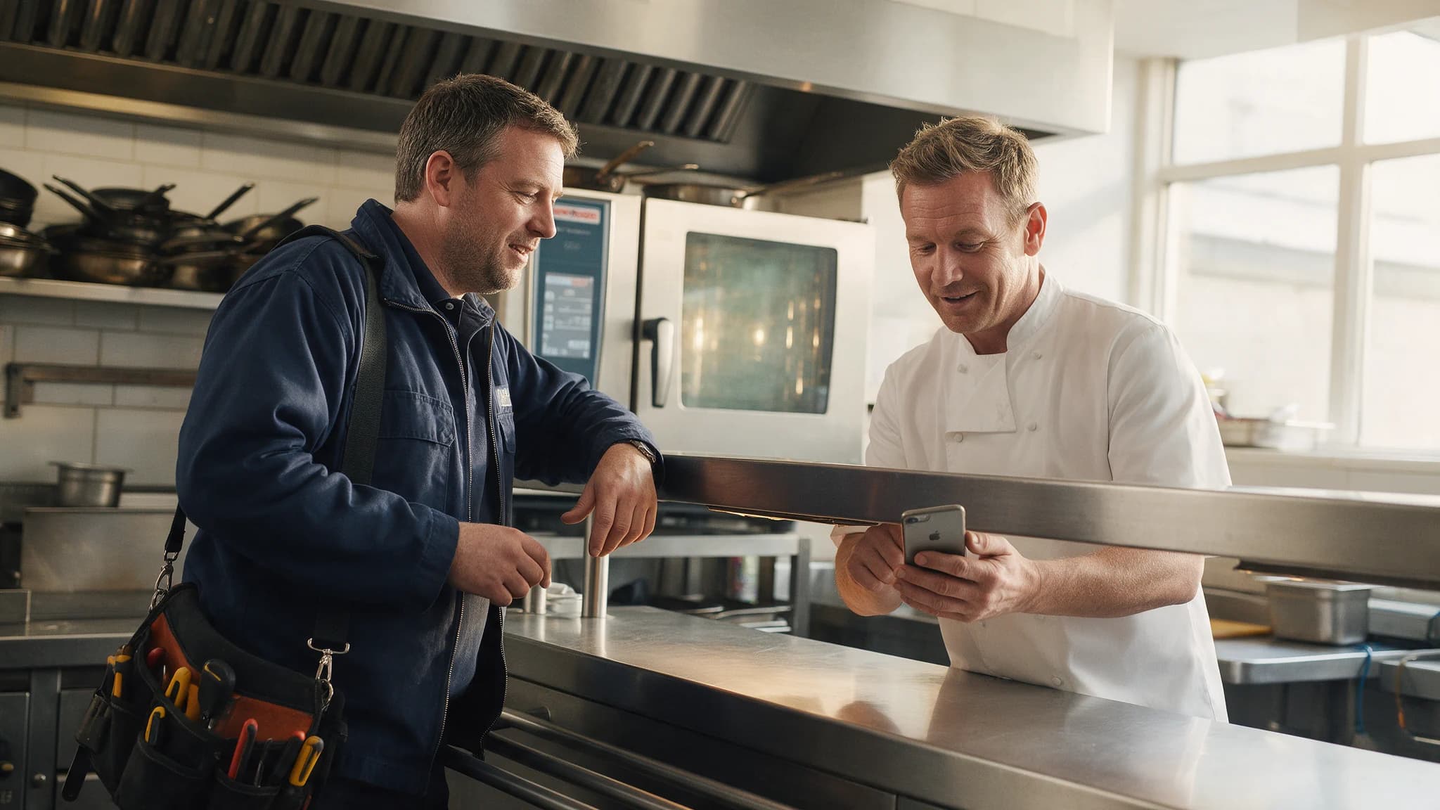A catering engineer and a chef at the pass, the chef showing the engineer the job on a phone