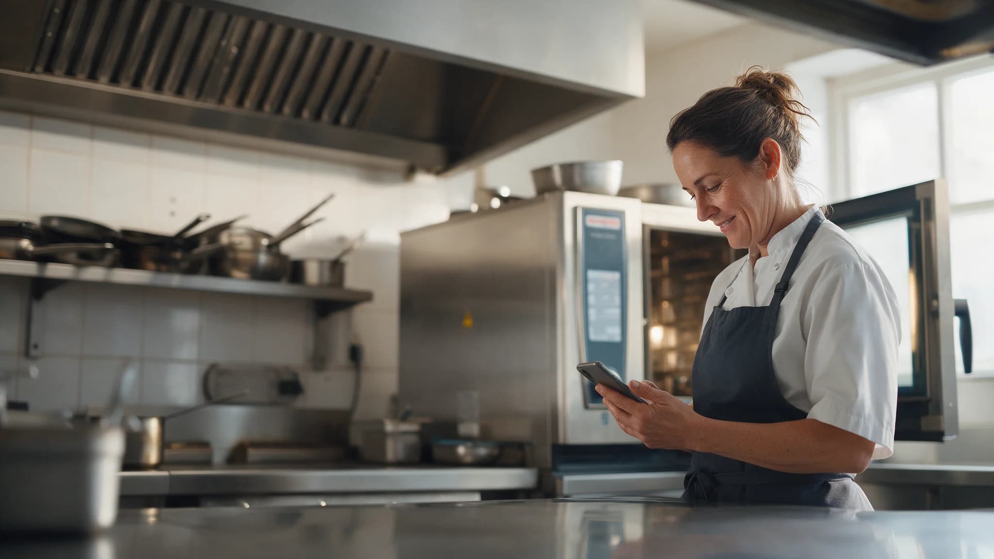 A head chef smiling at a phone in a restaurant kitchen, a combi oven open behind