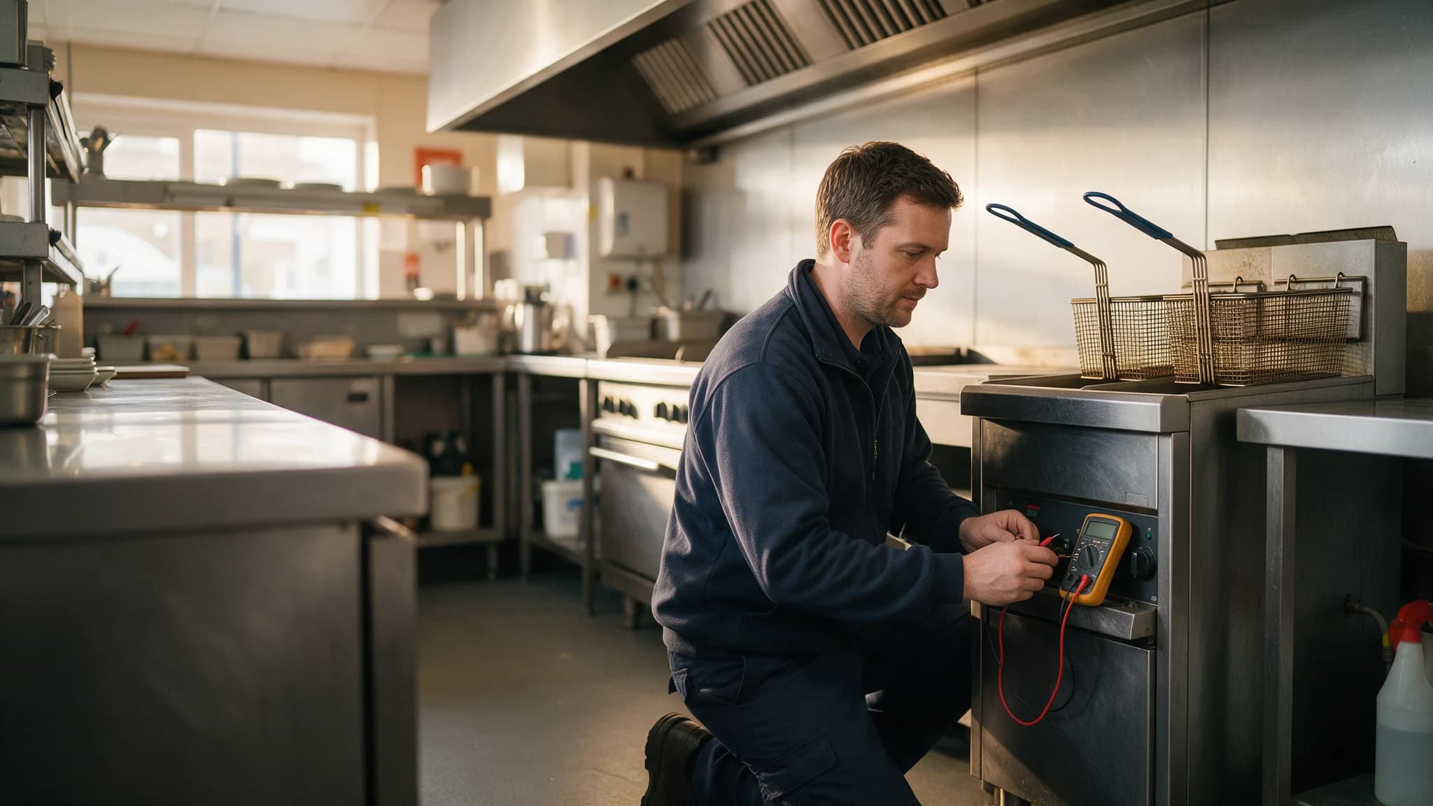 A catering engineer kneeling at a commercial fryer, testing it with a multimeter