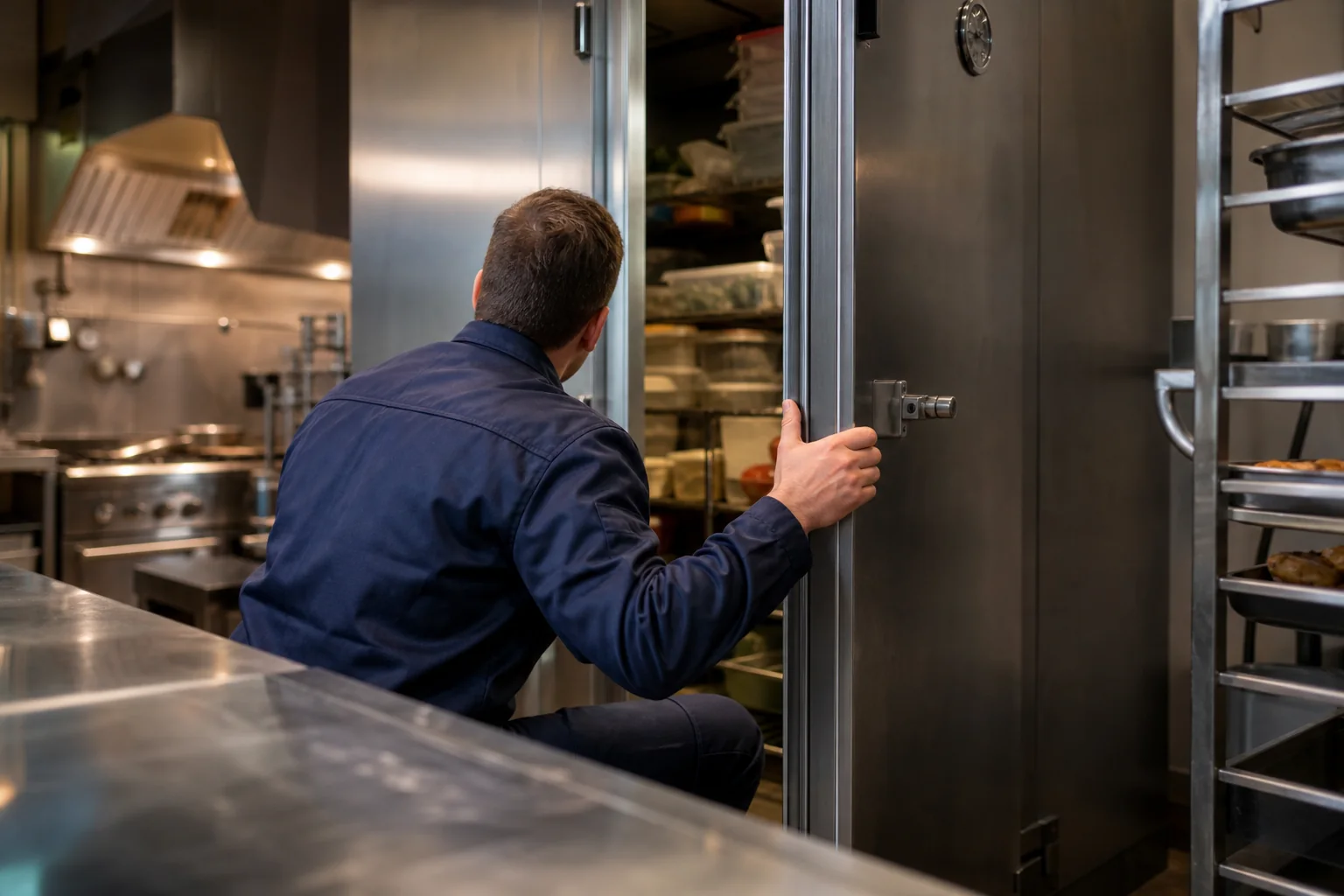A catering engineer checking a walk-in fridge in a commercial kitchen
