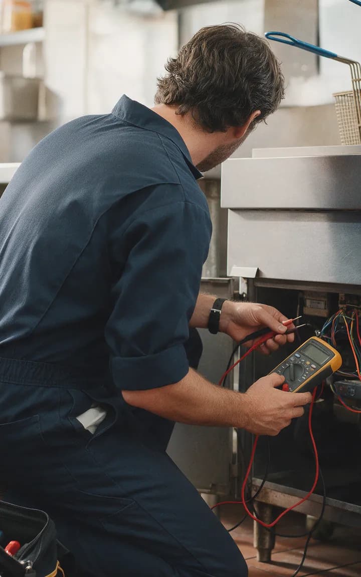 A catering engineer testing a fryer’s wiring with a multimeter