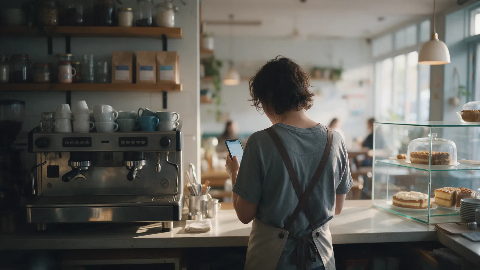 A café owner behind the counter, checking a phone