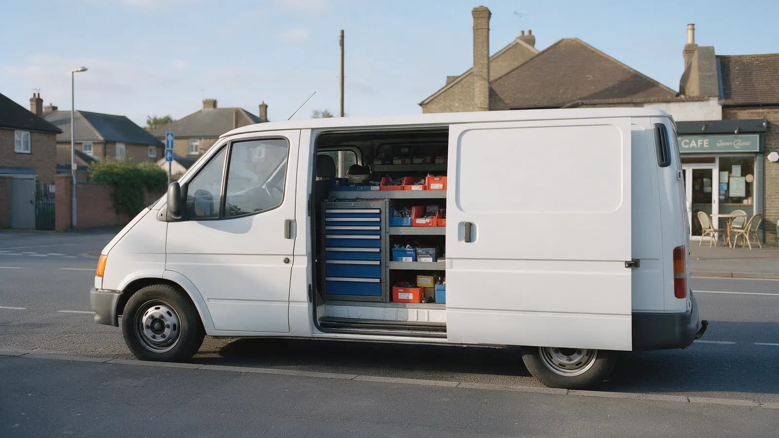An engineer’s van parked outside a café, side door open on neat tool drawers
