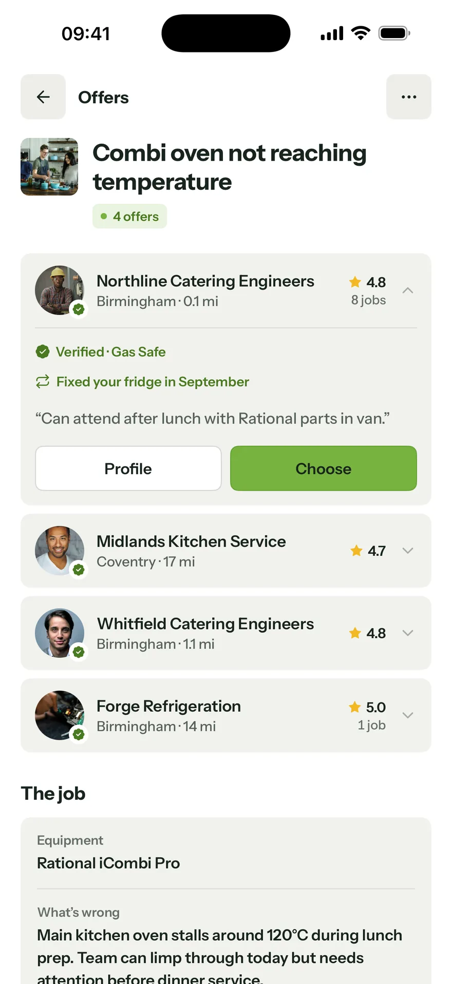 Offers on a combi oven job: four engineers, each with rating, distance and a note