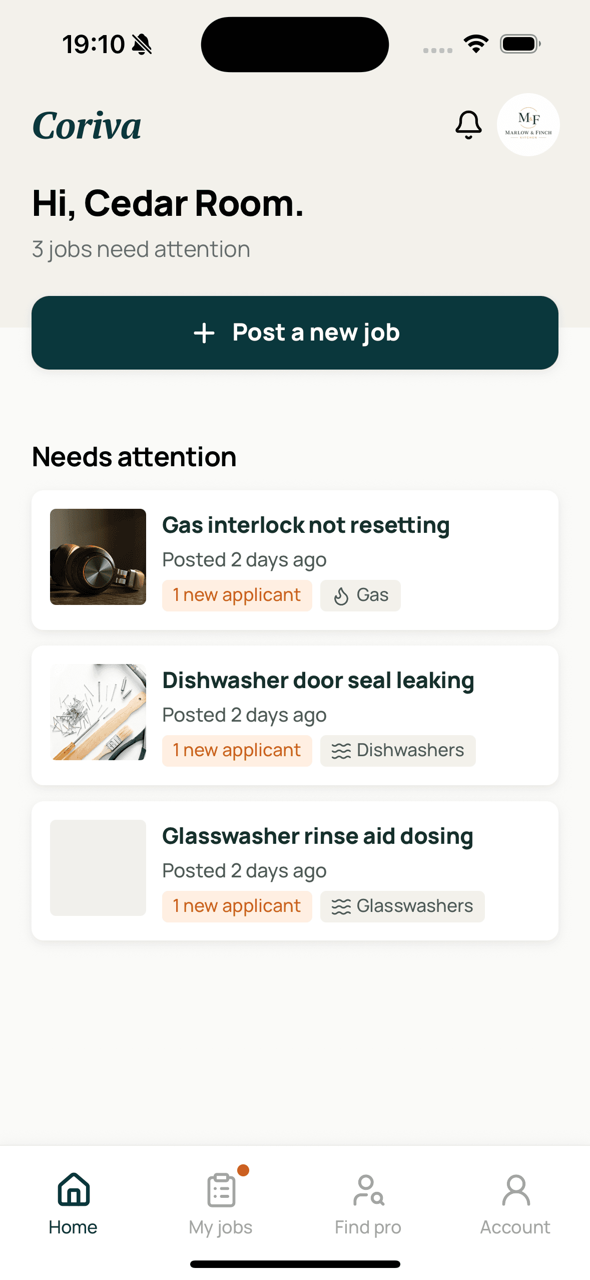 Coriva app home screen
