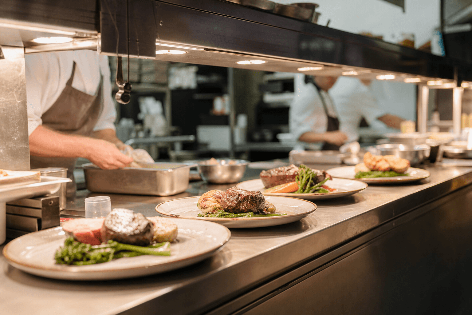Busy commercial kitchen pass during service