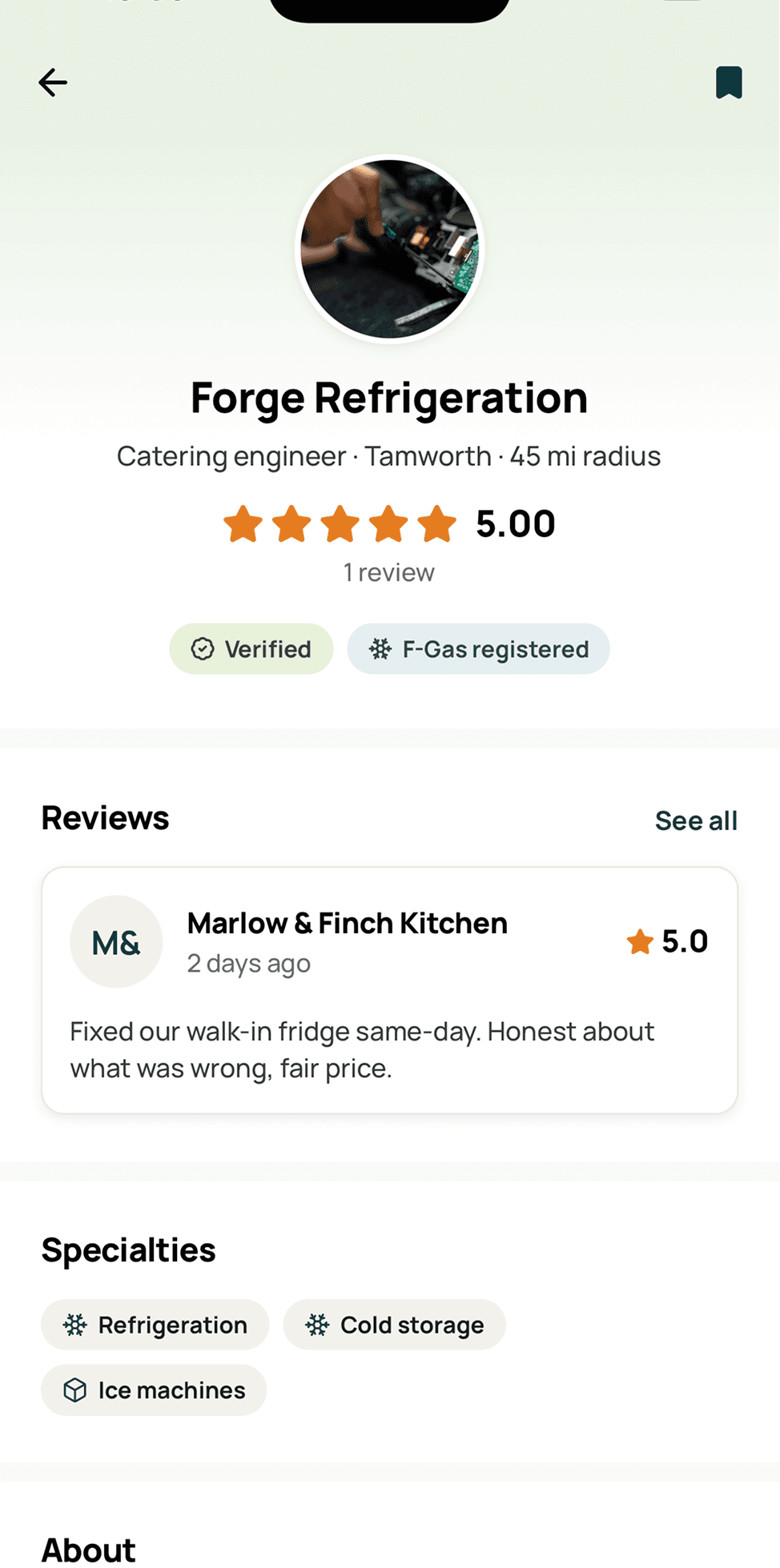 Coriva engineer profile with verified badge, F-Gas registration and reviews