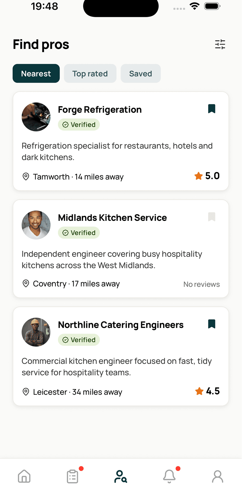 Coriva Find pros screen showing verified engineers nearby