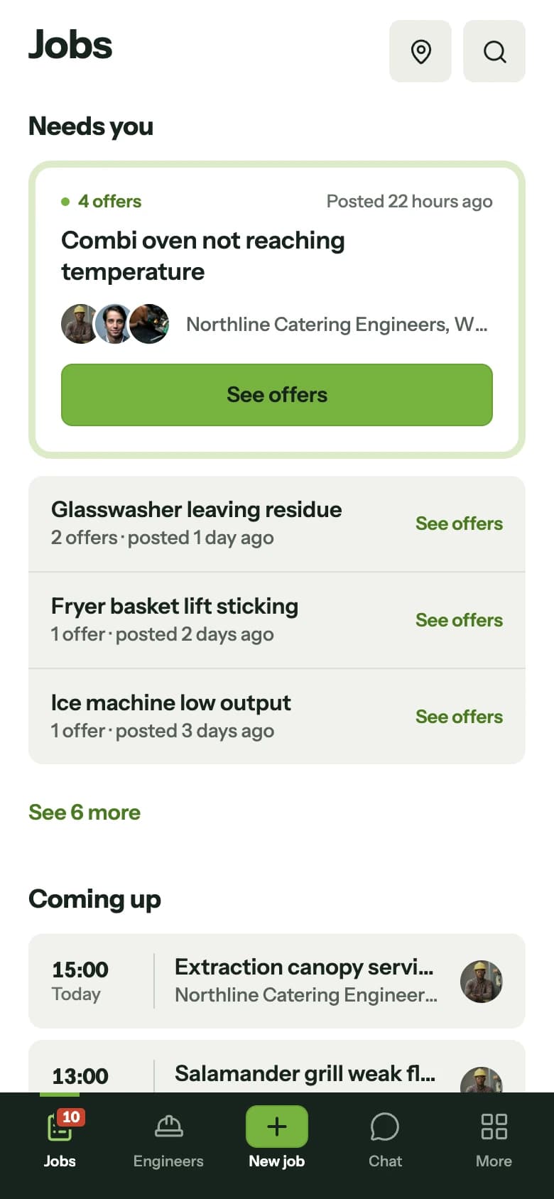 The kitchen’s Jobs screen: a job with four offers, and jobs coming up