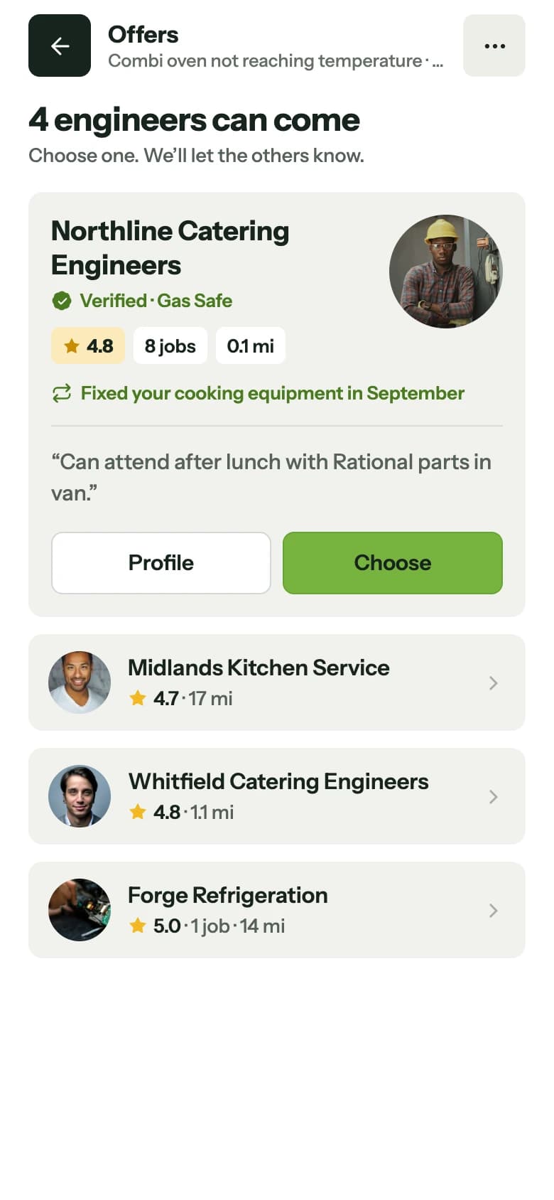 Offers: four engineers can come, each with rating, distance and a note
