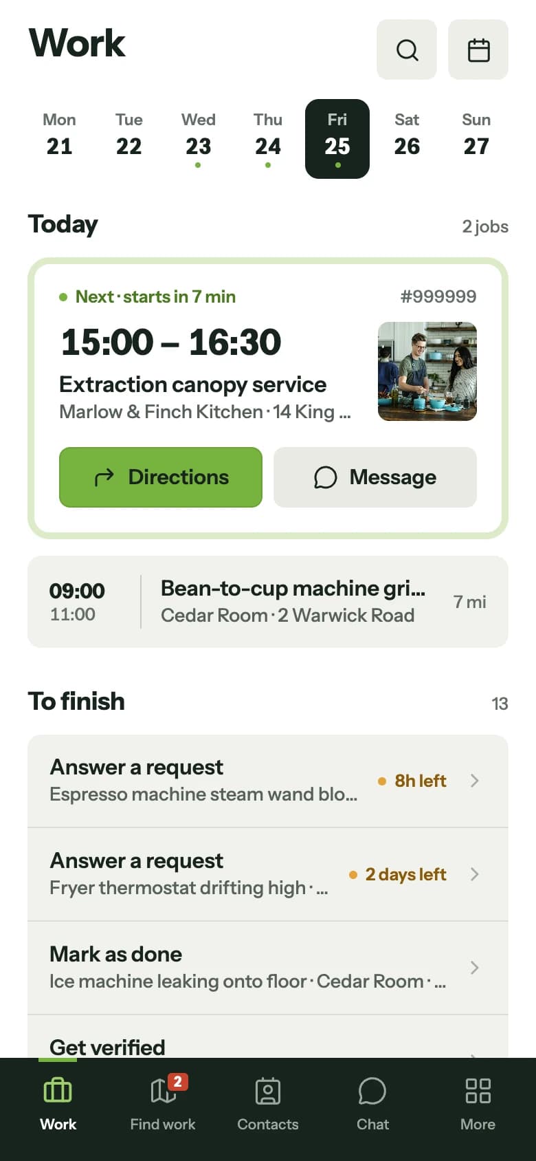 The engineer’s Work screen: today’s next job in a ring card