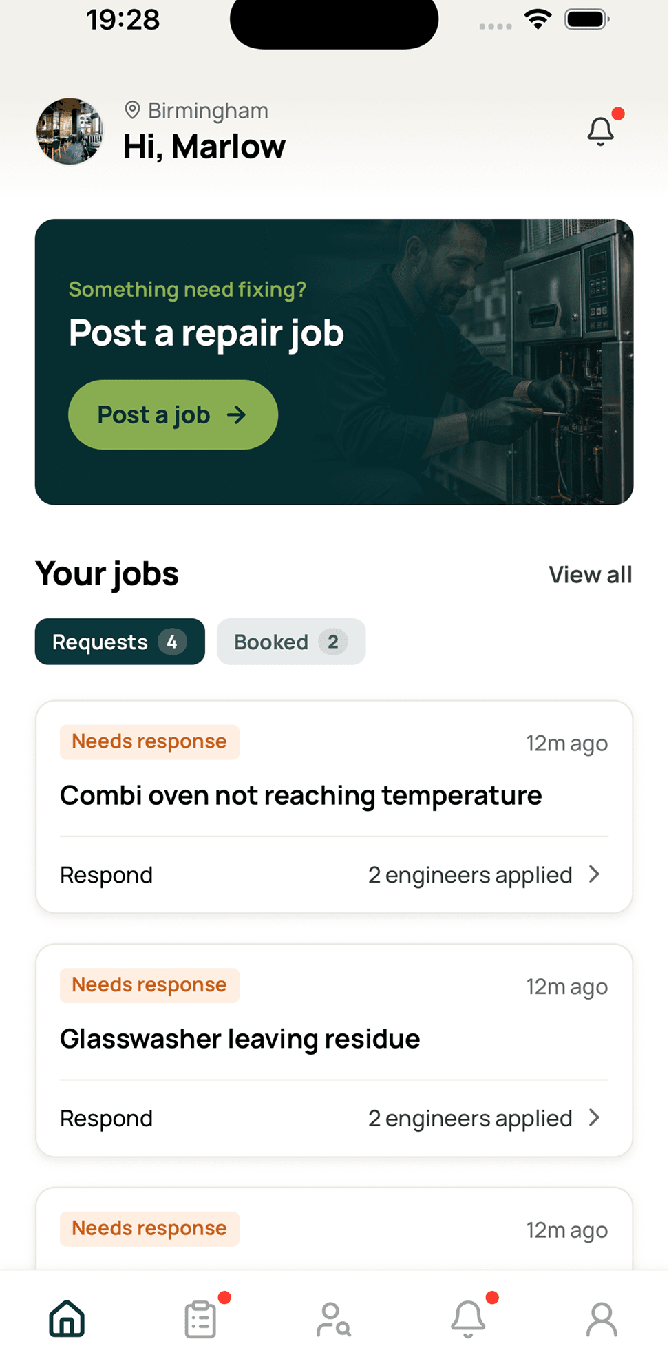 Coriva kitchen dashboard showing open repair requests and engineer applications