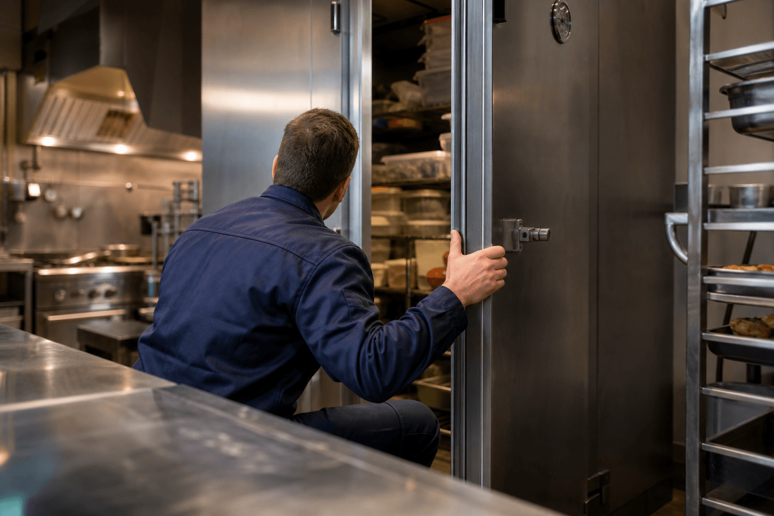 Engineer inspecting commercial kitchen refrigeration